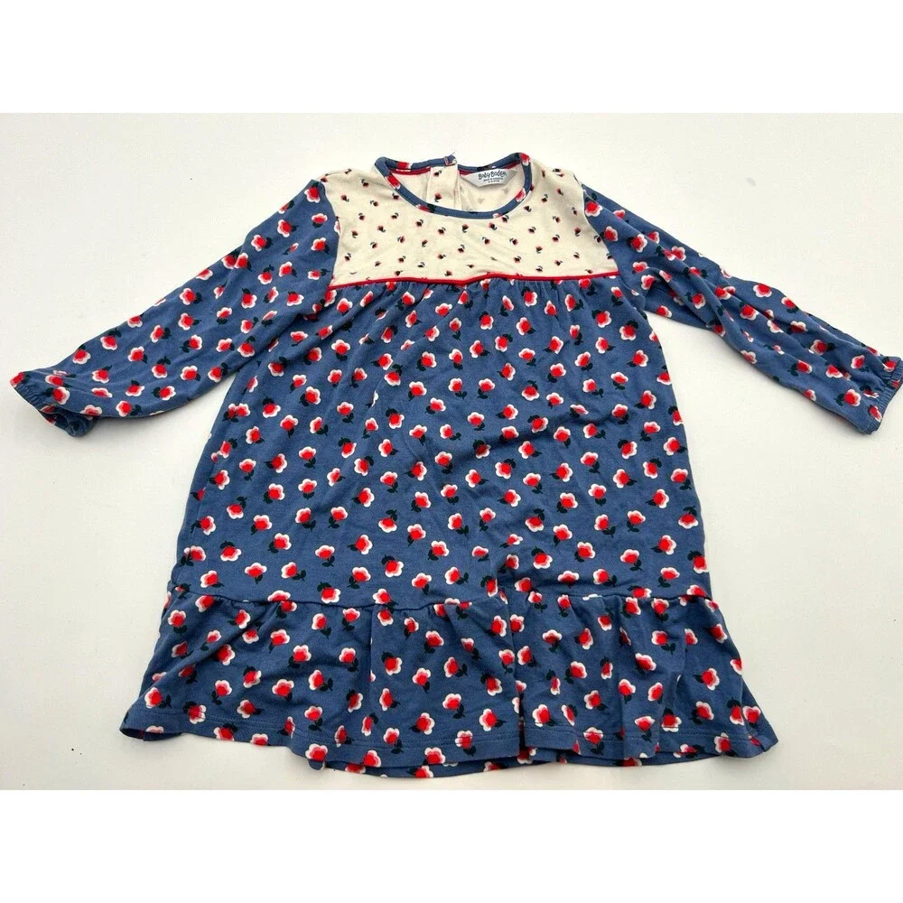 Baby Boden Girls 12-18M Blue White Floral viscose Dress Long Sleeve A-Line